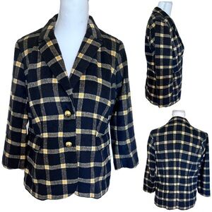Plaid Yellow Black Blazer 3/4 Sleeve Pockets Machine Wash!! Sz 4